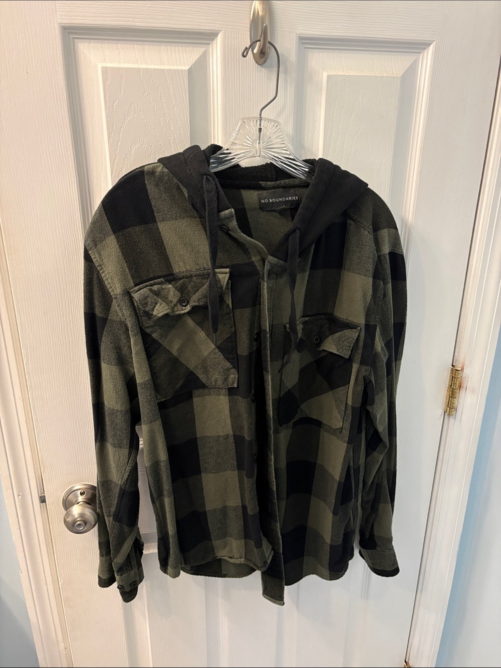 No Boundaries Olive and Black Plaid Hooded Shirt Jacket